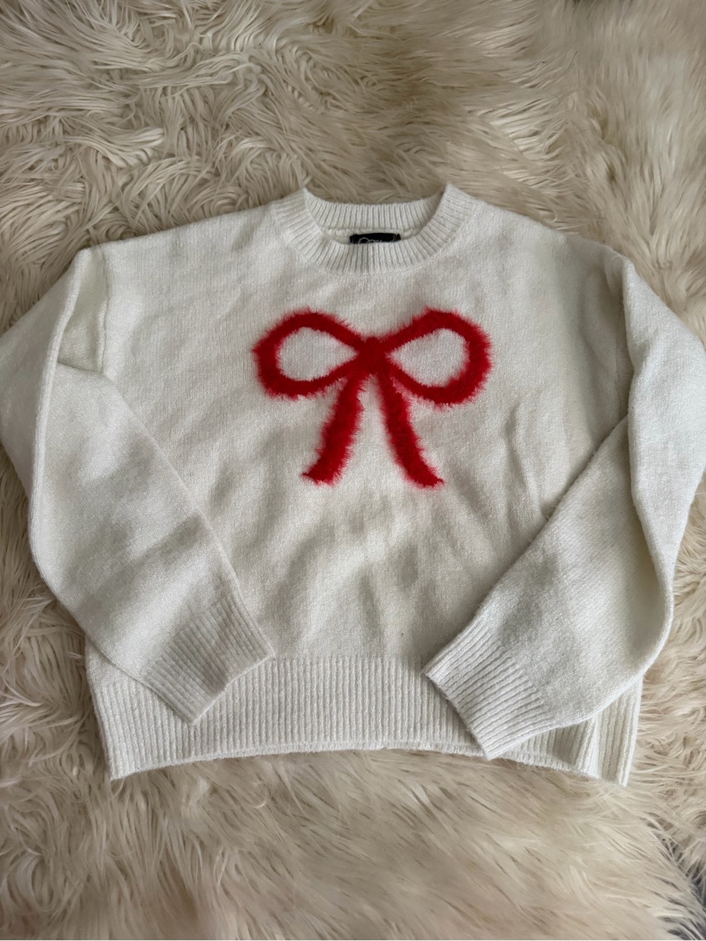 Girls White Crewneck Sweater with Red Bow